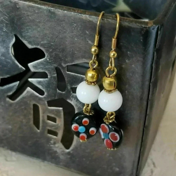 Handmade India Lampwork Glass Black White Red Raw Brass 2" Long Dangle Earrings - Picture 3 of 4